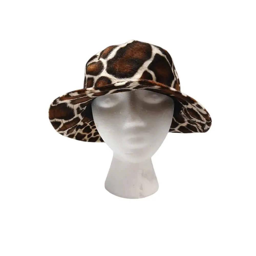 UO Gia Furry Leopard Bucket Hat Giraffe Brown Black Safari L One Size‎ Fits Most